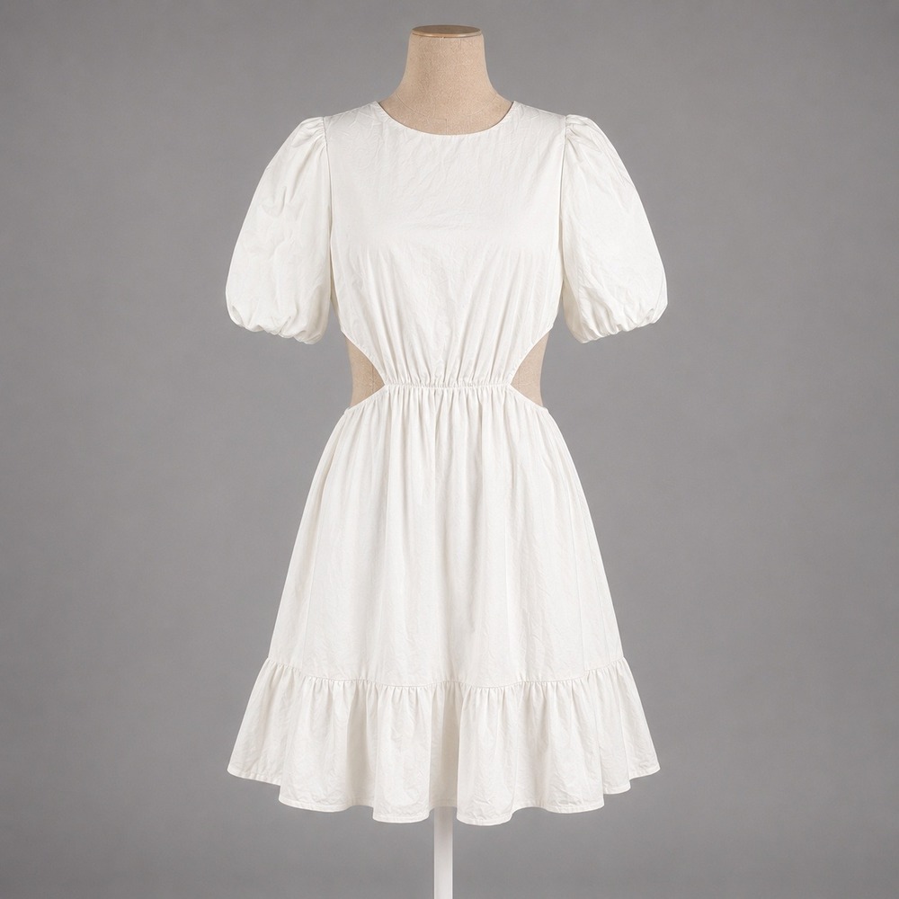 Puff Sleeve Cut Out Mini Peasant Dress Size XS White Boho Beach Fairy Cottage